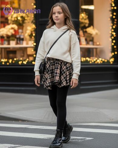 Girl's Leggings with Skirt Color-Blocked Stretch Plaid Skirted Pants in Kuwait