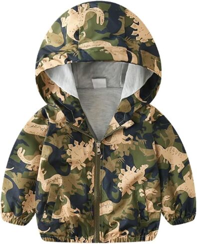 KISBINI Toddler Boy's Cartoon Dinosaur Zip Jacket Lightweight Hooded Windbreakers Outdoor Raincoat in Kuwait