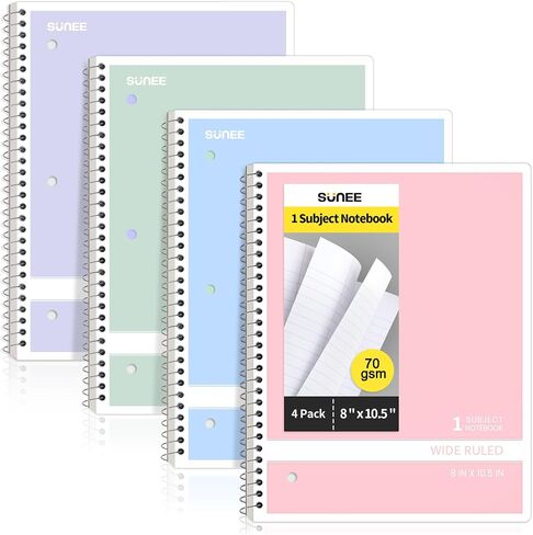 SUNEE Spiral Notebooks College Ruled, 1-Subject, 4 Pack, 8 x 10-1/2 in, 70 Sheets, 3-Hole Punched 70gsm Paper, Pastel Pink, Purple, Blue, Green for School, Home & Office, Writing Journal in Saudi Arabia