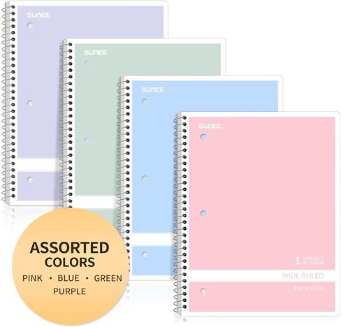 SUNEE Spiral Notebooks College Ruled, 1-Subject, 4 Pack, 8 x 10-1/2 in, 70 Sheets, 3-Hole Punched 70gsm Paper, Pastel Pink, Purple, Blue, Green for School, Home & Office, Writing Journal in Saudi Arabia