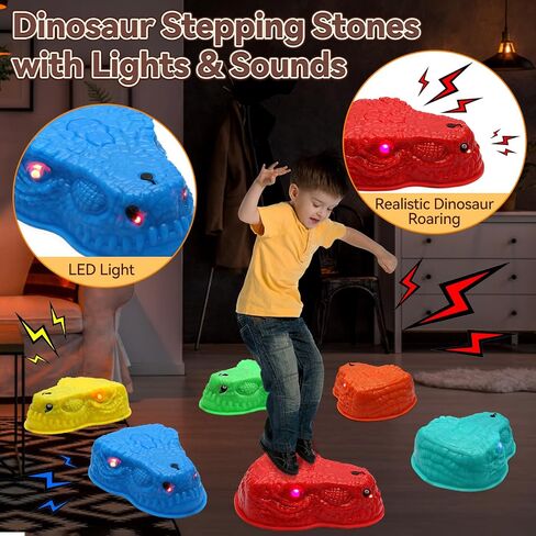6 Pcs Dinosaur Stepping Stones for Kids, Light up Mist Spray & Roaring Non-Slip Balance Stepping Stones with 6 Rechargeable Batteries, Indoor & Outdoor Toys for Toddlers Ages 3-5 in Saudi Arabia