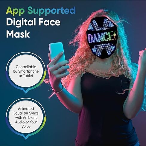 قناع Glow Gear Face Transforming LED Mask قناع تنكري مضيء يتم التحكم فيه من خلال التطبيق مع أكثر من 115 وجهًا متحركًا، وأنماط LED قابلة للتخصيص، وبطارية قابلة لإعادة الشحن، والمهرجانات، والهالوين، وملحقات DJ in Kuwait