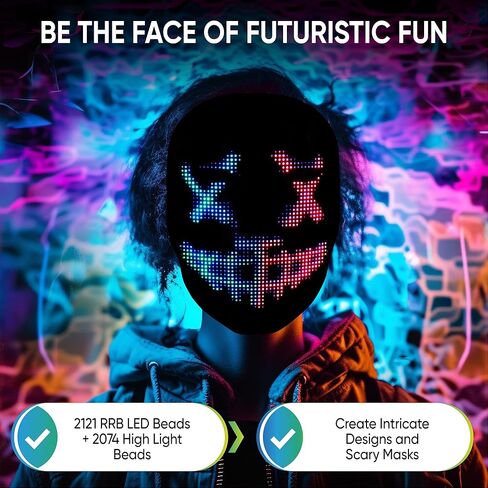قناع Glow Gear Face Transforming LED Mask قناع تنكري مضيء يتم التحكم فيه من خلال التطبيق مع أكثر من 115 وجهًا متحركًا، وأنماط LED قابلة للتخصيص، وبطارية قابلة لإعادة الشحن، والمهرجانات، والهالوين، وملحقات DJ in Kuwait