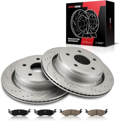 Torchbeam Rear Brake Kit, 13.86" Drilled and Slotted Brake Rotors Ceramic Brake Pads Compatible for 2002-2003 Dodge Ram 1500, 2004 Dodge Ram 1500 5.7L, 2005-2006 Dodge Durango,2004 Dodge Ram 1500 4.7L in Saudi Arabia