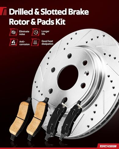 Torchbeam Rear Brake Kit, 13.86" Drilled and Slotted Brake Rotors Ceramic Brake Pads Compatible for 2002-2003 Dodge Ram 1500, 2004 Dodge Ram 1500 5.7L, 2005-2006 Dodge Durango,2004 Dodge Ram 1500 4.7L in Saudi Arabia