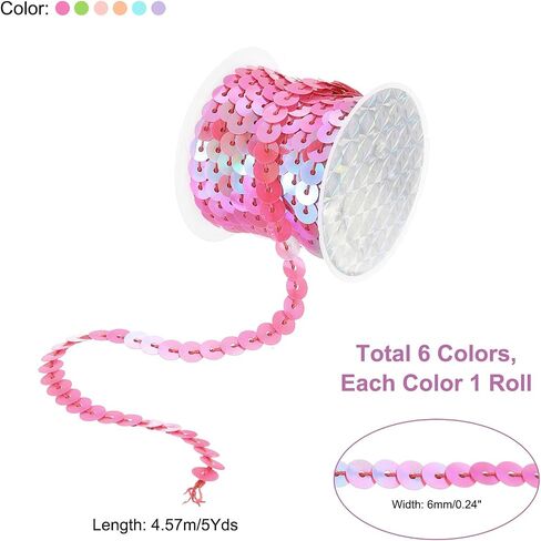 uxcell 6 Colors 30Yds Flat Sequins Strips, 6mm Spangle Paillette String Spool Rolls Sewing String Ribbon for Fringe Sewing DIY Projects in Saudi Arabia