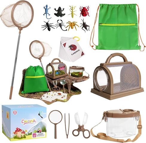 Bug Catcher Kit for Kids Outdoor Explorer Kit with Insect Cage, Observation Box, Magnifying Glass, 8 Toy Bugs, Net & 10 Cards, STEM Educational Toys Gifting for Boys & Girls Ages 3+ in Saudi Arabia
