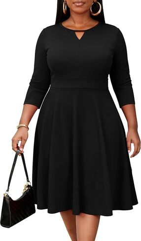 Nmoder Womens Plus Size Cocktail Dress 3/4 Sleeve Church Dresses for Women Midi Work Crewneck Dress with Pockets in Saudi Arabia