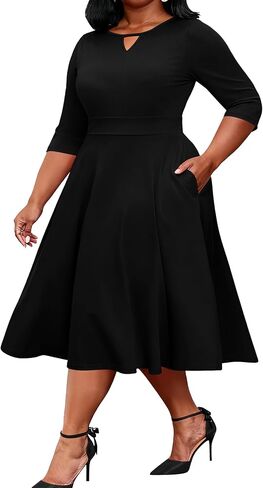 Nmoder Womens Plus Size Cocktail Dress 3/4 Sleeve Church Dresses for Women Midi Work Crewneck Dress with Pockets in Saudi Arabia