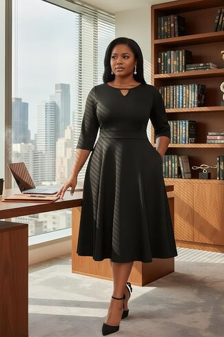Nmoder Womens Plus Size Cocktail Dress 3/4 Sleeve Church Dresses for Women Midi Work Crewneck Dress with Pockets in Saudi Arabia