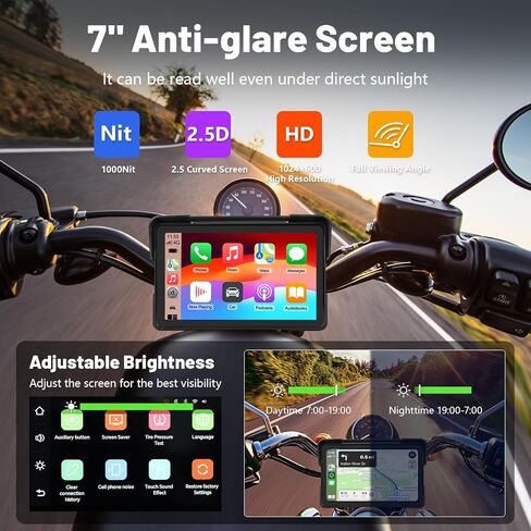 Carplay للدراجات النارية مقاس 7 بوصات، نظام ملاحة GPS مع Apple CarPlay وAndroid Auto، شاشة لمس مقاومة للماء، IP67 مقاومة للماء للدراجات النارية، دعم بلوتوث مزدوج، Siri، Google Assistant in Kuwait