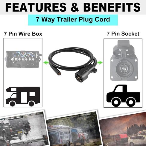 7 Way Trailer Cord,4FT Heavy Duty 7 Way Trailer Plug Inline Cord Wire Harness Cable Double Prongs Connector 7 pin Trailer Wiring Harness 4 Feet for Camper Blade Molded RV Cable Wire(4ft) in Saudi Arabia