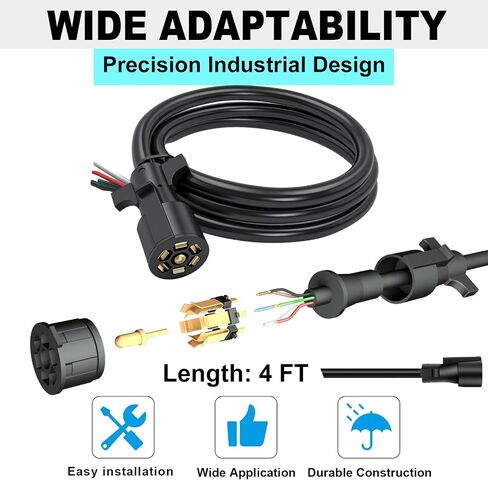 7 Way Trailer Cord,4FT Heavy Duty 7 Way Trailer Plug Inline Cord Wire Harness Cable Double Prongs Connector 7 pin Trailer Wiring Harness 4 Feet for Camper Blade Molded RV Cable Wire(4ft) in Saudi Arabia