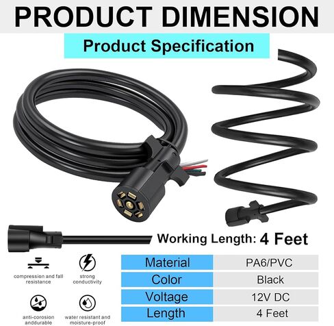 7 Way Trailer Cord,4FT Heavy Duty 7 Way Trailer Plug Inline Cord Wire Harness Cable Double Prongs Connector 7 pin Trailer Wiring Harness 4 Feet for Camper Blade Molded RV Cable Wire(4ft) in Saudi Arabia