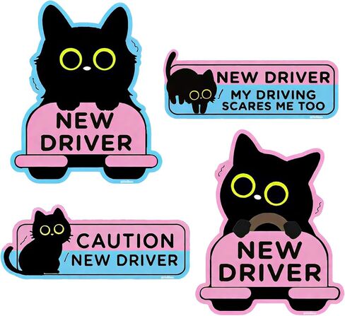 4PCS Black Cat New Driver Car Magnet, Cute Reflective Student Driver Sign for Car Bumper, Reusable Magnetic Sticker for Novice Drivers, 10 x 3.5 Inch (4Pcs Cartoon Black Cat) in Saudi Arabia