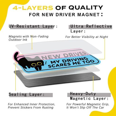 4PCS Black Cat New Driver Car Magnet, Cute Reflective Student Driver Sign for Car Bumper, Reusable Magnetic Sticker for Novice Drivers, 10 x 3.5 Inch (4Pcs Cartoon Black Cat) in Saudi Arabia
