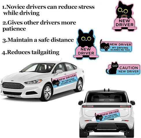 4PCS Black Cat New Driver Car Magnet, Cute Reflective Student Driver Sign for Car Bumper, Reusable Magnetic Sticker for Novice Drivers, 10 x 3.5 Inch (4Pcs Cartoon Black Cat) in Saudi Arabia