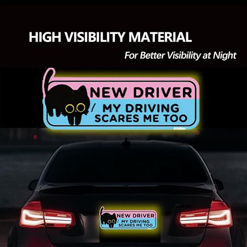 4PCS Black Cat New Driver Car Magnet, Cute Reflective Student Driver Sign for Car Bumper, Reusable Magnetic Sticker for Novice Drivers, 10 x 3.5 Inch (4Pcs Cartoon Black Cat) in Saudi Arabia