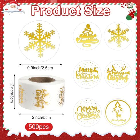Christmas Stickers, Merry Christmas Stickers, Gold Foil Snowflake Craft Sticker Roll, 500 PCS Self-Adhesive Clear Envelope Sticker for Cards Xmas Winter Party Favor Decorations Gifts (1", 6 Designs) in Saudi Arabia