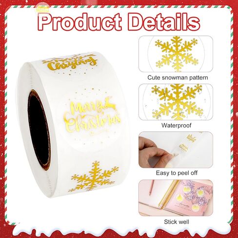 Christmas Stickers, Merry Christmas Stickers, Gold Foil Snowflake Craft Sticker Roll, 500 PCS Self-Adhesive Clear Envelope Sticker for Cards Xmas Winter Party Favor Decorations Gifts (1", 6 Designs) in Saudi Arabia