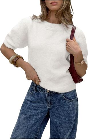 GORGLITTER Women's Puff Short Sleeve Sweater Fuzzy Crew Neck Crop Knit Pullover Sweaters Fall Trendy 2025 in Saudi Arabia