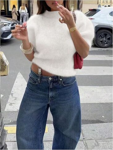 GORGLITTER Women's Puff Short Sleeve Sweater Fuzzy Crew Neck Crop Knit Pullover Sweaters Fall Trendy 2025 in Saudi Arabia