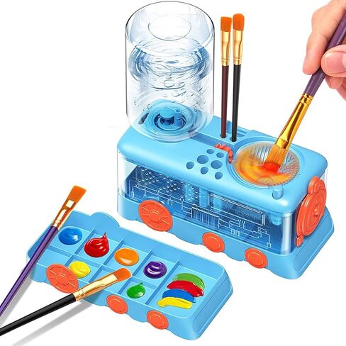 Paint Brush Cleaner with Paint Tray, Water Circulation Brush Rinser with Brush Holder, Watercolor/Oil and Water-Based Paint Brush Cleaner Tool, 400ml Capacity, Train Design (1, Blue) in Kuwait