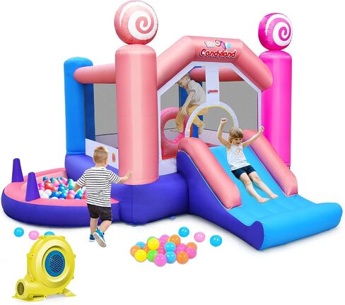 OLAKIDS Inflatable Bounce House, Princess Pink Jumping Castle Kids Candyland with Slide Ball Pit Basketball Rim, Indoor Outdoor Inflatable Obstacle Course with 680W Blower 50PCS Ocean Balls Carry Bag in Saudi Arabia