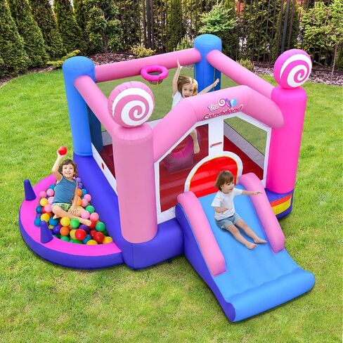 OLAKIDS Inflatable Bounce House, Princess Pink Jumping Castle Kids Candyland with Slide Ball Pit Basketball Rim, Indoor Outdoor Inflatable Obstacle Course with 680W Blower 50PCS Ocean Balls Carry Bag in Saudi Arabia