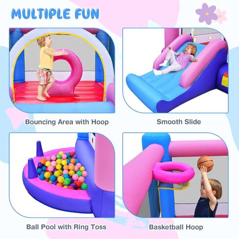 OLAKIDS Inflatable Bounce House, Princess Pink Jumping Castle Kids Candyland with Slide Ball Pit Basketball Rim, Indoor Outdoor Inflatable Obstacle Course with 680W Blower 50PCS Ocean Balls Carry Bag in Saudi Arabia