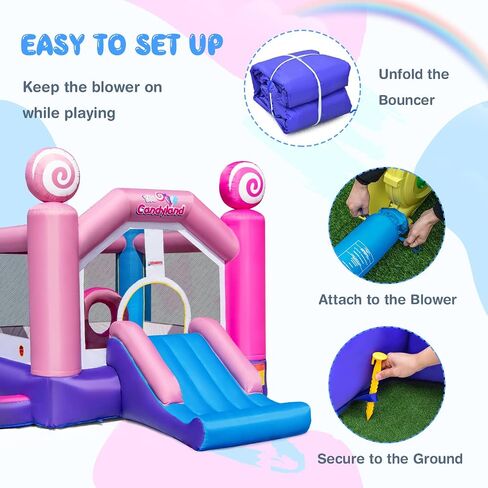 OLAKIDS Inflatable Bounce House, Princess Pink Jumping Castle Kids Candyland with Slide Ball Pit Basketball Rim, Indoor Outdoor Inflatable Obstacle Course with 680W Blower 50PCS Ocean Balls Carry Bag in Saudi Arabia