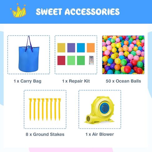 OLAKIDS Inflatable Bounce House, Princess Pink Jumping Castle Kids Candyland with Slide Ball Pit Basketball Rim, Indoor Outdoor Inflatable Obstacle Course with 680W Blower 50PCS Ocean Balls Carry Bag in Saudi Arabia