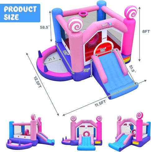 OLAKIDS Inflatable Bounce House, Princess Pink Jumping Castle Kids Candyland with Slide Ball Pit Basketball Rim, Indoor Outdoor Inflatable Obstacle Course with 680W Blower 50PCS Ocean Balls Carry Bag in Saudi Arabia