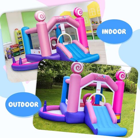 OLAKIDS Inflatable Bounce House, Princess Pink Jumping Castle Kids Candyland with Slide Ball Pit Basketball Rim, Indoor Outdoor Inflatable Obstacle Course with 680W Blower 50PCS Ocean Balls Carry Bag in Saudi Arabia