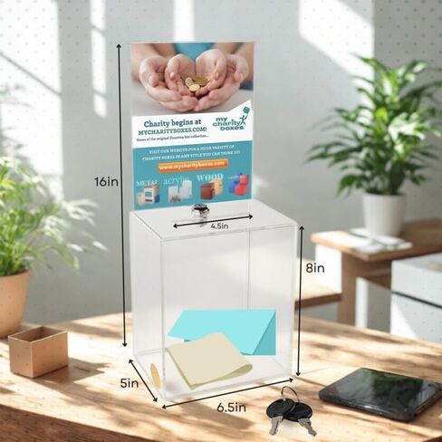 Acrylic Raffle Box with Lock and Sign Holder, Charity Donation And Ballot Box, Suggestion Box - Plastic Comment Box - Plexiglass Collection Box - Complaint Box with Slot - (Clear Box 6.25" X 6.25") in Saudi Arabia