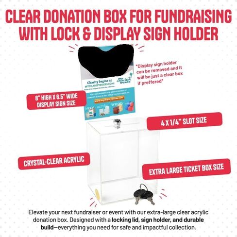 Acrylic Raffle Box with Lock and Sign Holder, Charity Donation And Ballot Box, Suggestion Box - Plastic Comment Box - Plexiglass Collection Box - Complaint Box with Slot - (Clear Box 6.25" X 6.25") in Saudi Arabia