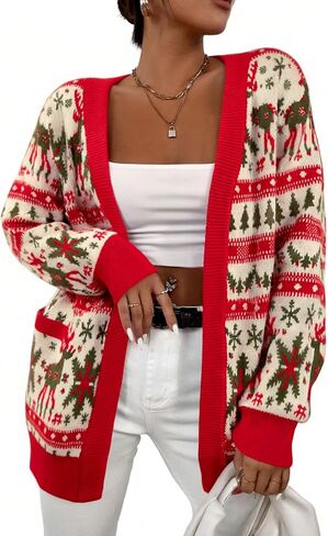 QLIPIN Christmas Cardigan Sweaters for Women Oversized Ugly Christmas Sweater Xmas Holiday Open Front Knit Outerwear in Saudi Arabia
