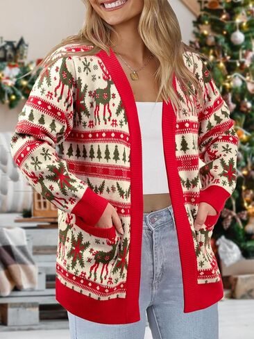 QLIPIN Christmas Cardigan Sweaters for Women Oversized Ugly Christmas Sweater Xmas Holiday Open Front Knit Outerwear in Saudi Arabia