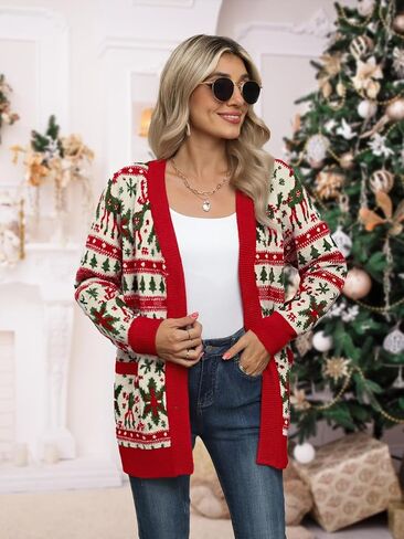 QLIPIN Christmas Cardigan Sweaters for Women Oversized Ugly Christmas Sweater Xmas Holiday Open Front Knit Outerwear in Saudi Arabia