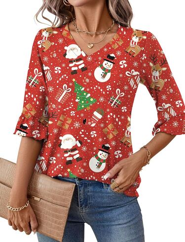 LOMON 3/4 طول كم المرأة بلايز الصيف الخامس الرقبة البلوزات الربيع كشكش كم تونك تي شيرت متأنق عادية in Kuwait