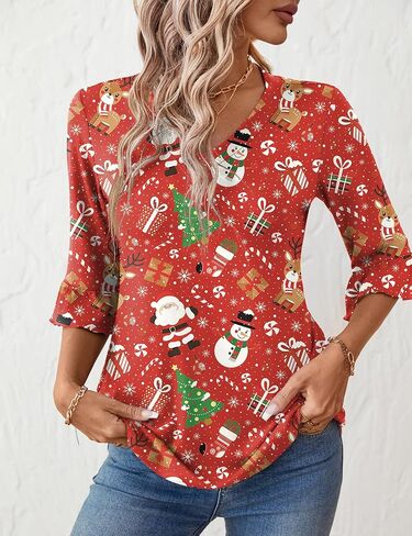 LOMON 3/4 طول كم المرأة بلايز الصيف الخامس الرقبة البلوزات الربيع كشكش كم تونك تي شيرت متأنق عادية in Kuwait