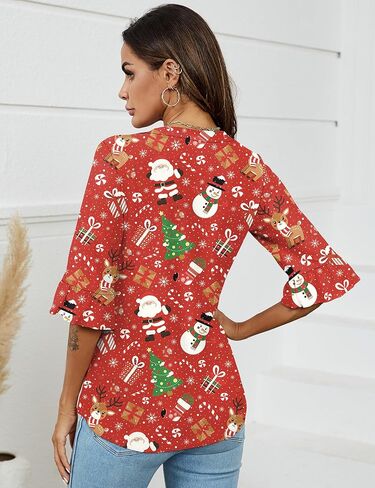 LOMON 3/4 طول كم المرأة بلايز الصيف الخامس الرقبة البلوزات الربيع كشكش كم تونك تي شيرت متأنق عادية in Kuwait