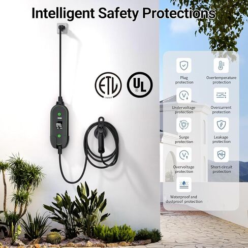 شاحن محمول من المستوى 1&2 - معتمد من ETL، 12/16 أمبير 110 فولت - 240 فولت مع كابل تمديد 25 قدم، قابس NEMA 6-20 ومحول NEMA 5-15، محطات شحن السيارات الكهربائية المحمولة لجميع سيارات SAE J1772 in Kuwait