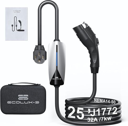 Level 2 EV Charger J1772 32Amp 220V-240V EVSE NEMA 14-50 Plug Home Portable EV Charger Level 2, 25ft Cable Electric Car Charging Station, Electric Vehicle Charging Stations Plug and Play FCC Certified in Saudi Arabia