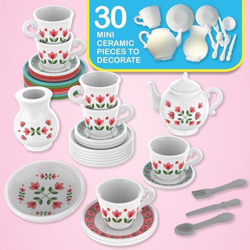 Mini Maker Tea Party Creations – Paint Your Own Tea Set with UV Oven – DIY Ceramic-Like Craft Kit for Girls – Decorate 30 Tableware Pieces, Decals & Glaze – Ages 6+ in Saudi Arabia