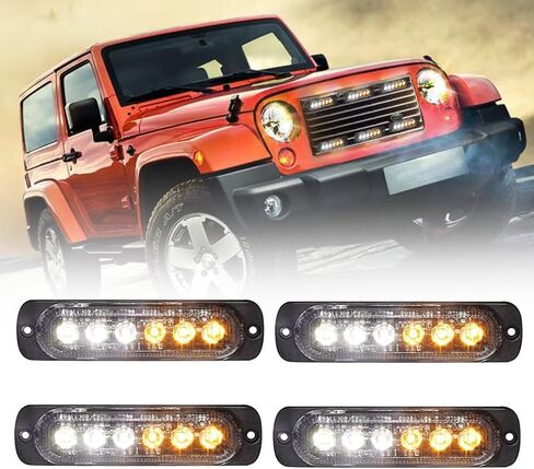 أضواء ستروب LED بيضاء كهرمانية، شريط ضوء فلاش للطوارئ لشاحنة السيارة 12 فولت وامض LED فلوش جبل LED ضوء تحذير للسيارات والشاحنات (4 قطع أبيض كهرماني) in Kuwait