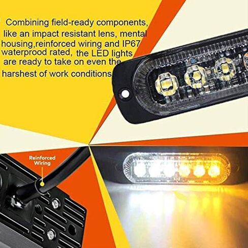 أضواء ستروب LED بيضاء كهرمانية، شريط ضوء فلاش للطوارئ لشاحنة السيارة 12 فولت وامض LED فلوش جبل LED ضوء تحذير للسيارات والشاحنات (4 قطع أبيض كهرماني) in Kuwait