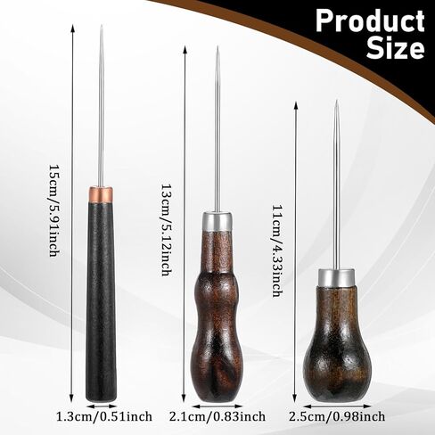 مجموعة أدوات 3 قطع، إبرة من الفولاذ المقاوم للصدأ للخياطة السريعة مع مقبض من خشب الزان، تصميم نحيف للخياطة واللحف واللكم الجلدي وإصلاح الحرف اليدوية ووضع العلامات، بني in Kuwait