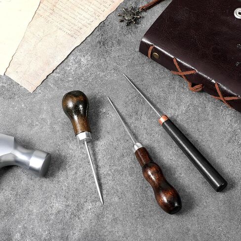 مجموعة أدوات 3 قطع، إبرة من الفولاذ المقاوم للصدأ للخياطة السريعة مع مقبض من خشب الزان، تصميم نحيف للخياطة واللحف واللكم الجلدي وإصلاح الحرف اليدوية ووضع العلامات، بني in Kuwait