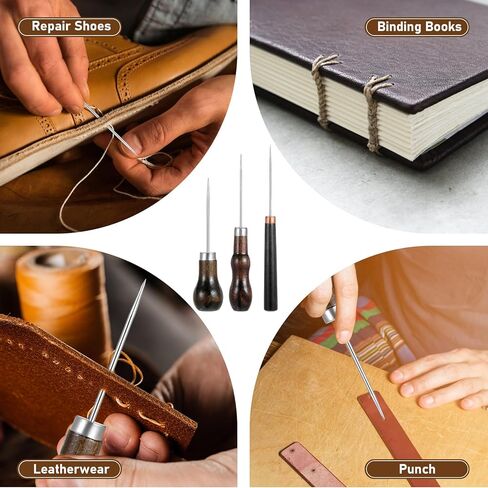 مجموعة أدوات 3 قطع، إبرة من الفولاذ المقاوم للصدأ للخياطة السريعة مع مقبض من خشب الزان، تصميم نحيف للخياطة واللحف واللكم الجلدي وإصلاح الحرف اليدوية ووضع العلامات، بني in Kuwait